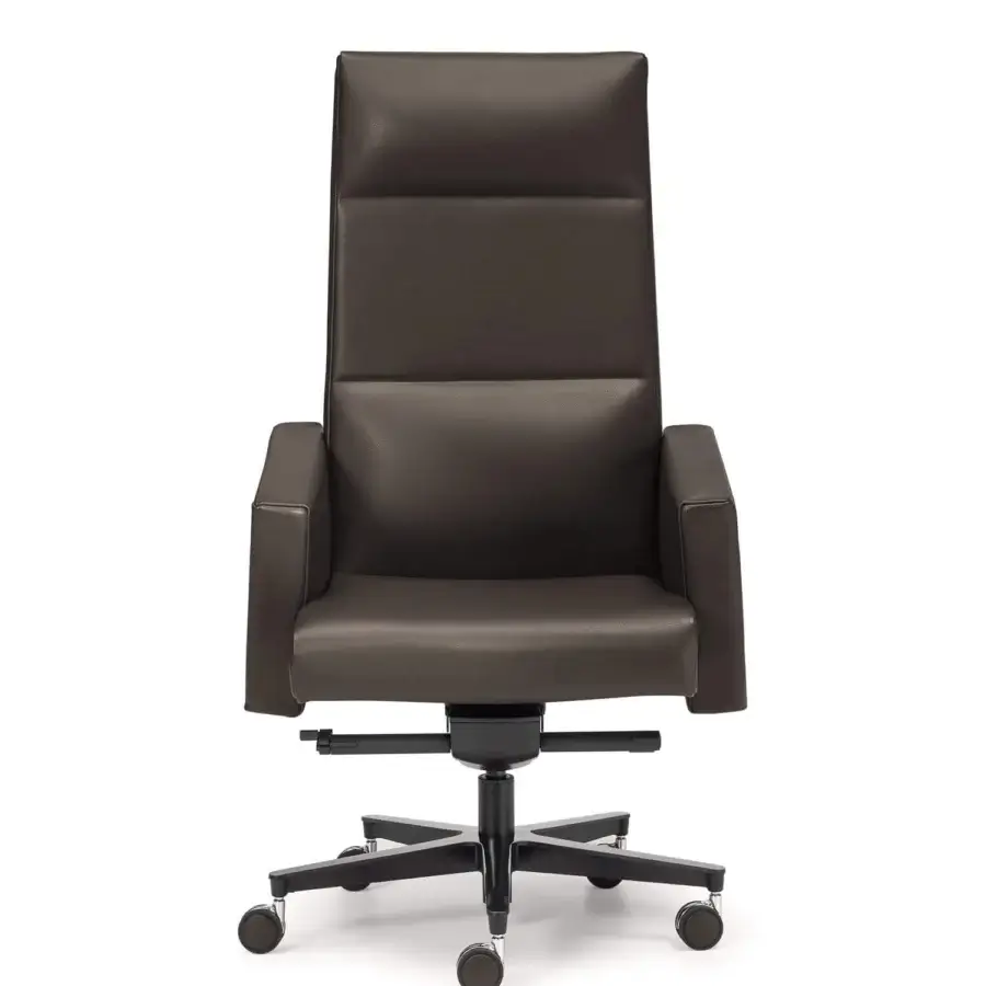 Superior 4 Mariani Inca armchair showcasing brown leather upholstery with a separated seat and innovative five-star swivel base