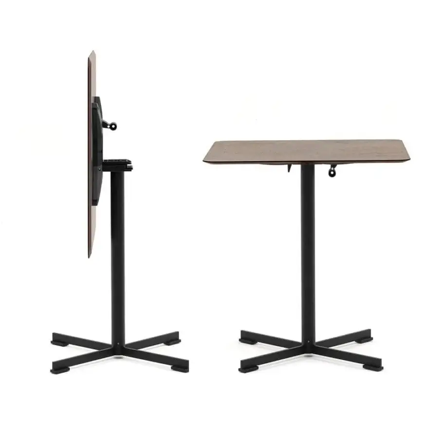 Distinguished Varaschin Summer Set bistrot table with medium-brown wood-grain HPL tabletop and matte black powder-coated steel base