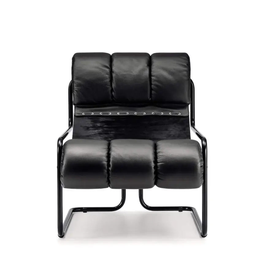 Distinguished 4 Mariani Tucroma lounge chair with linear steel tubular frame and supple black leather construction