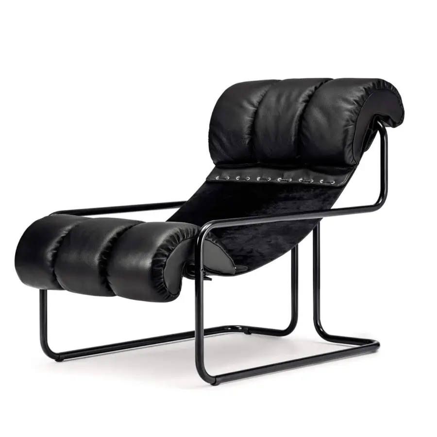 Exceptional 4 Mariani Tucroma lounge chair with sleek black leather and continuous steel tubular frame crafted in Italy
