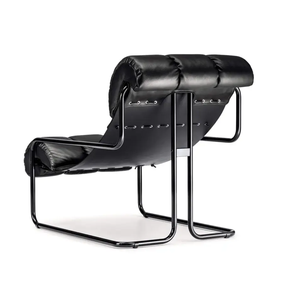 Lavish 4 Mariani Tucroma lounge chair with angular silhouette and coupled saddle plus soft black leather seat