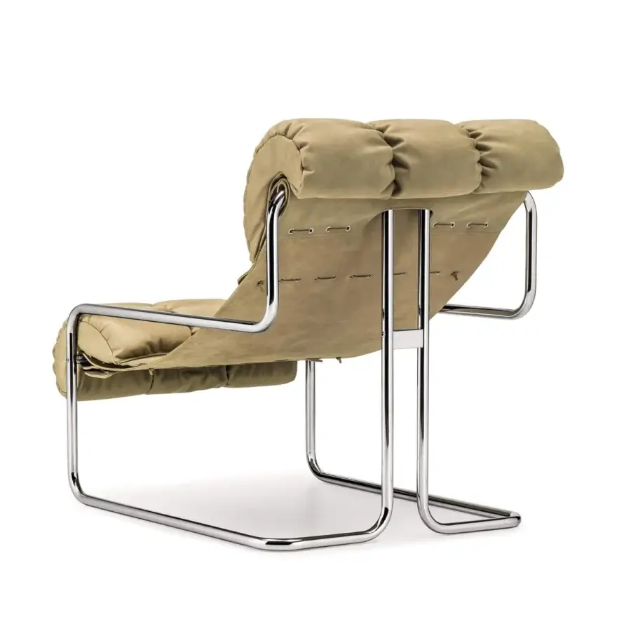 Distinguished 4 Mariani Tucroma lounge chair with chrome tubular frame and supple tan textile seating coupled with saddle leather