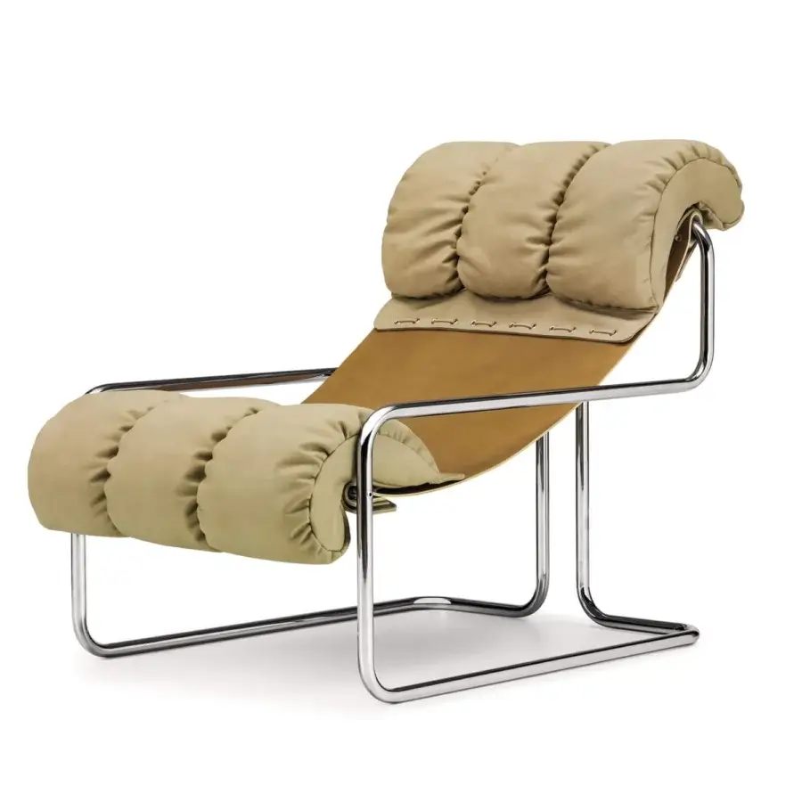 Innovative 4 Mariani Tucroma lounge chair with chrome steel frame and light tan textile cushions with tan leather sling