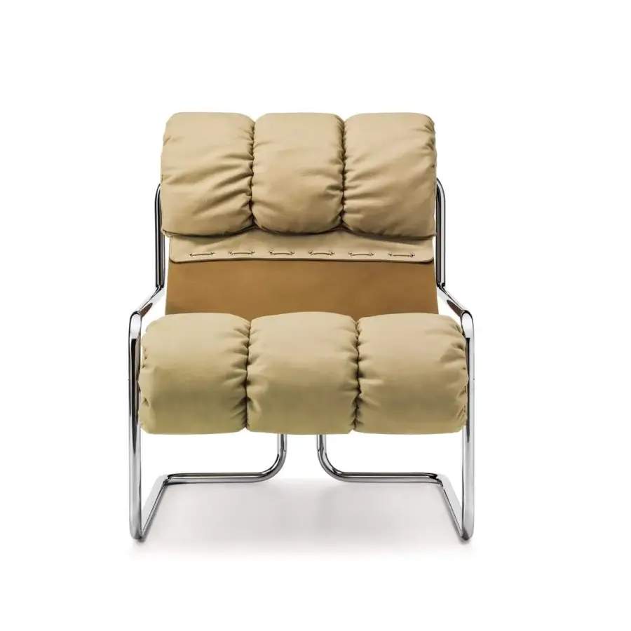 Superior 4 Mariani Tucroma lounge chair with linear steel frame and tan saddle leather seating