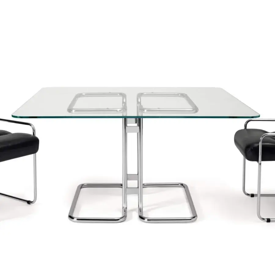 Distinguished 4 Mariani Tucroma table with square extra-light glass top and chrome finished steel tubular base