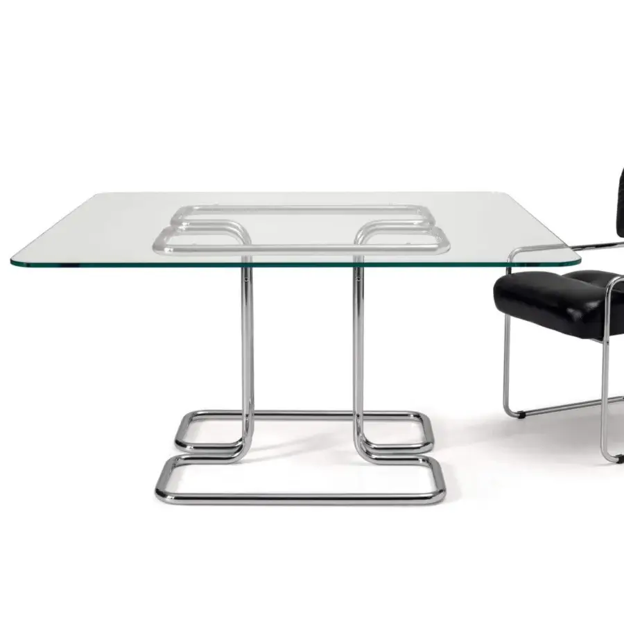 Elegant 4 Mariani Tucroma table with extra-light glass top and glossy reflective metal base crafted in Italy
