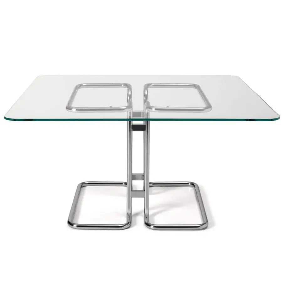 Exceptional 4 Mariani Tucroma table with extra-light glass top and polished chrome steel tubular base