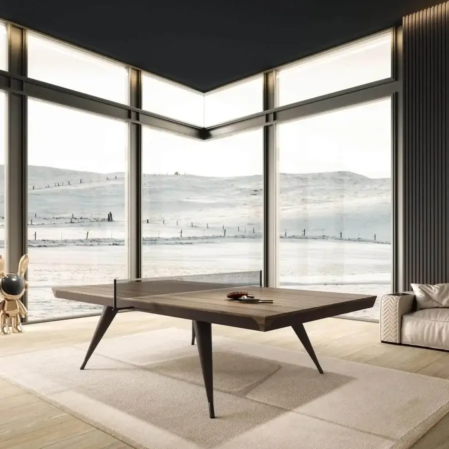 Innovative Vismara Blade table tennis table with leather covering and Canaletto veneer playing top in matte wood finish