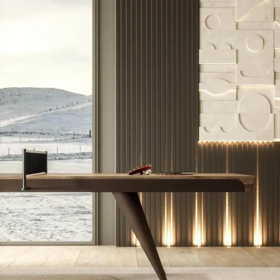 Distinguished Vismara Blade table tennis table with brown veneer playing top and leather-covered structure built with a conical metal leg