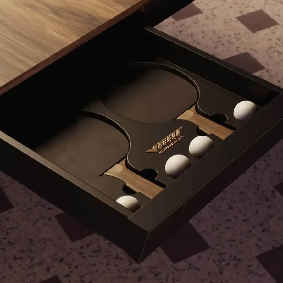 Exclusive Vismara Blade table tennis table crafted in dark leather with a smooth medium brown veneer playing top and hidden drawer