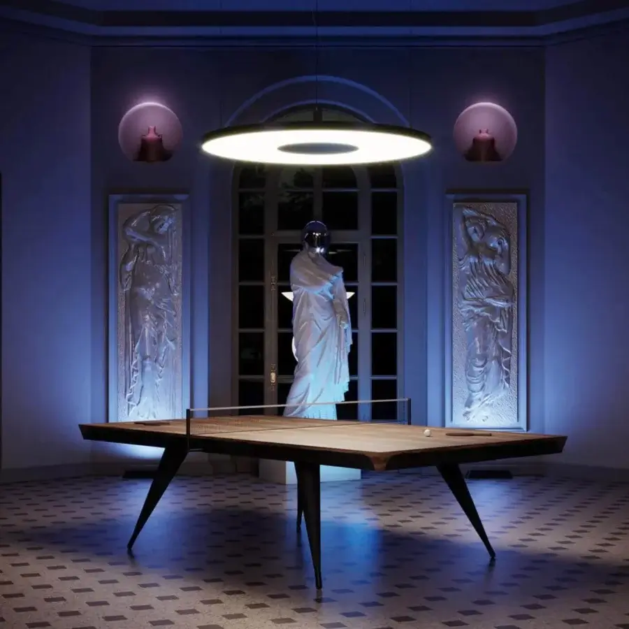 Superior Vismara Blade table tennis table with Canaletto veneer and sleek matte black metal legs built with hidden storage