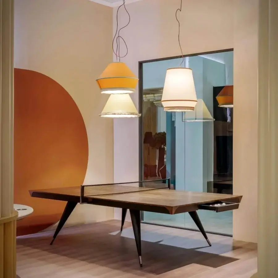 Elegant Vismara Blade table tennis table with leather covering and geometric veneer playing top