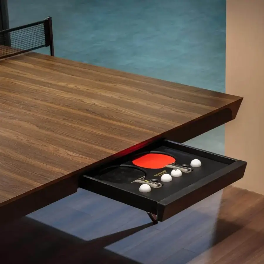 Exclusive Vismara Blade table tennis table with leather covering and dark brown veneer playing top including hidden game accessories