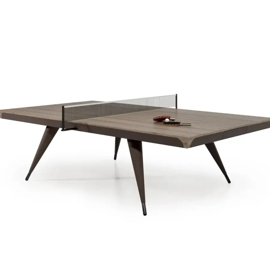 Distinguished Vismara Blade table tennis table crafted with leather upholstery and Canaletto veneer in a medium brown tone