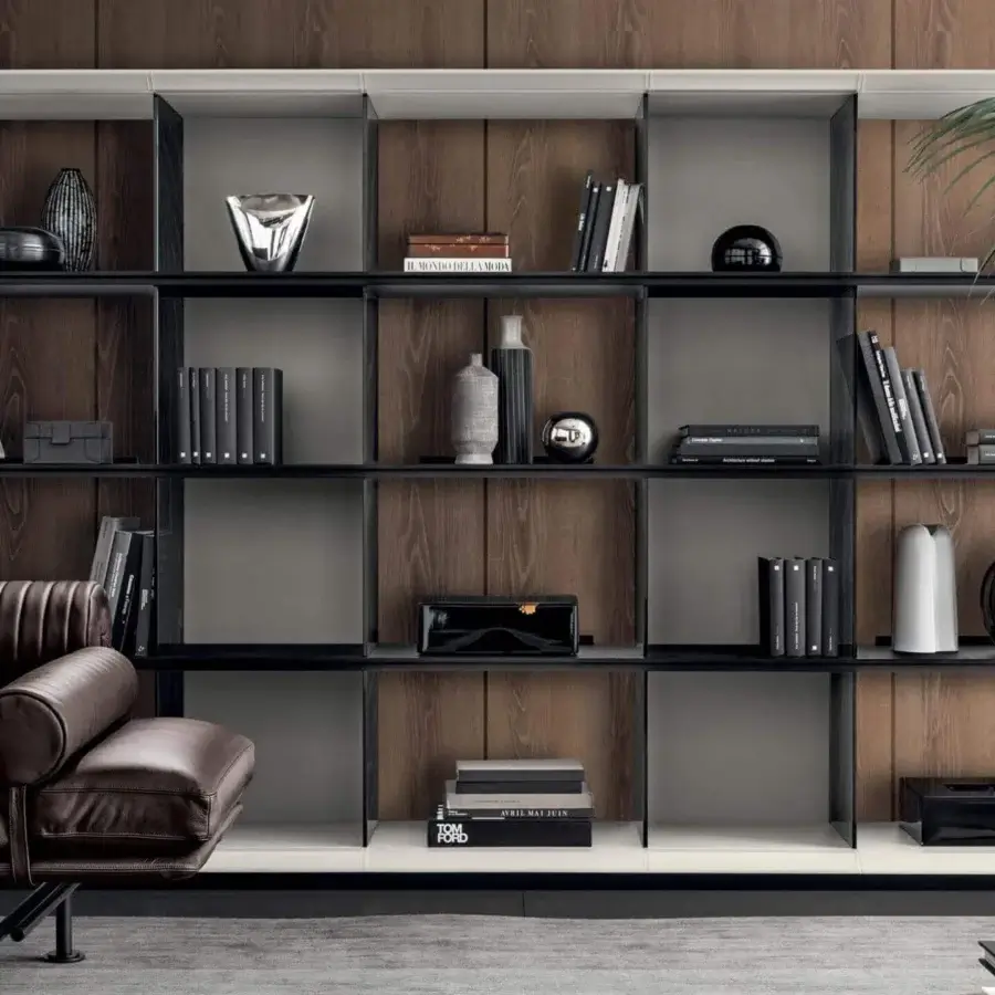 Superior 4 Mariani Herman bookcase with saddle leather and wood veneer crafted in a wax effect finish