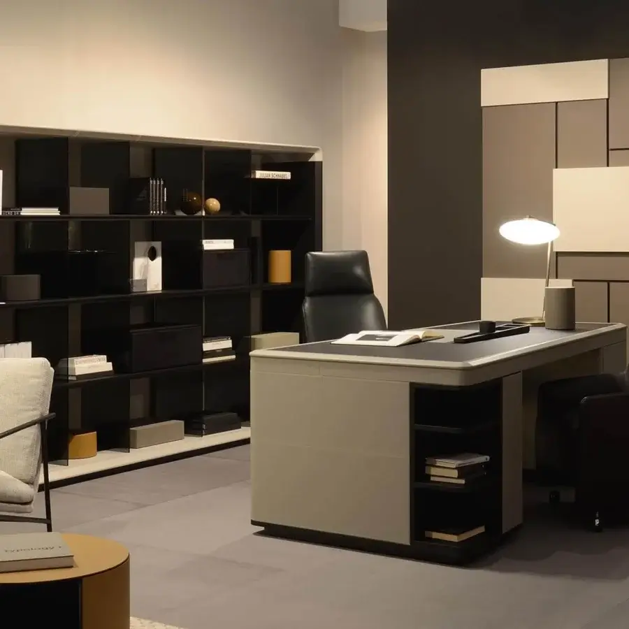 Exceptional 4 Mariani Herman bookcase with wood veneer, smoked glass partitions and wax effect finish