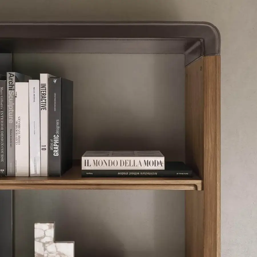 Elegant 4 Mariani Herman bookcase with wood shelves and saddle leather trim, showcasing a wax effect finish