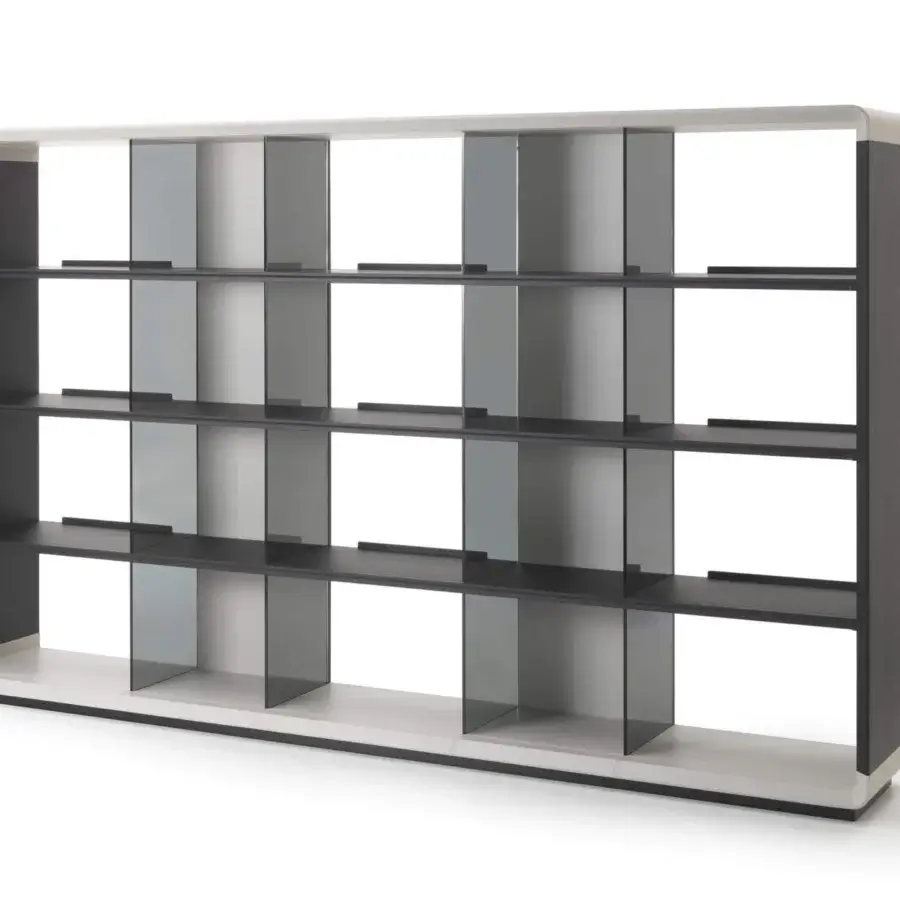 Distinguished 4 Mariani Herman bookcase with wood veneer shelves, smoked glass partitions, and saddle leather accents with a wax effect finish