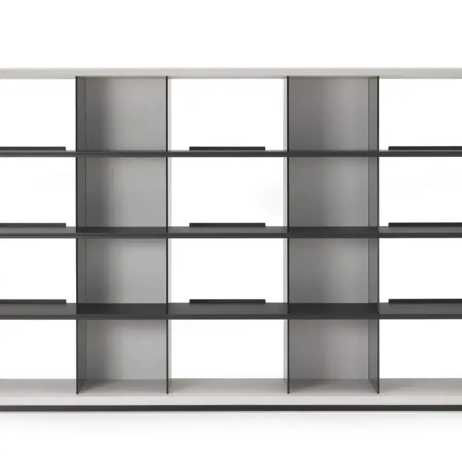 Exceptional 4 Mariani Herman bookcase with light wood veneer shelves, smoked glass partitions and wax finish