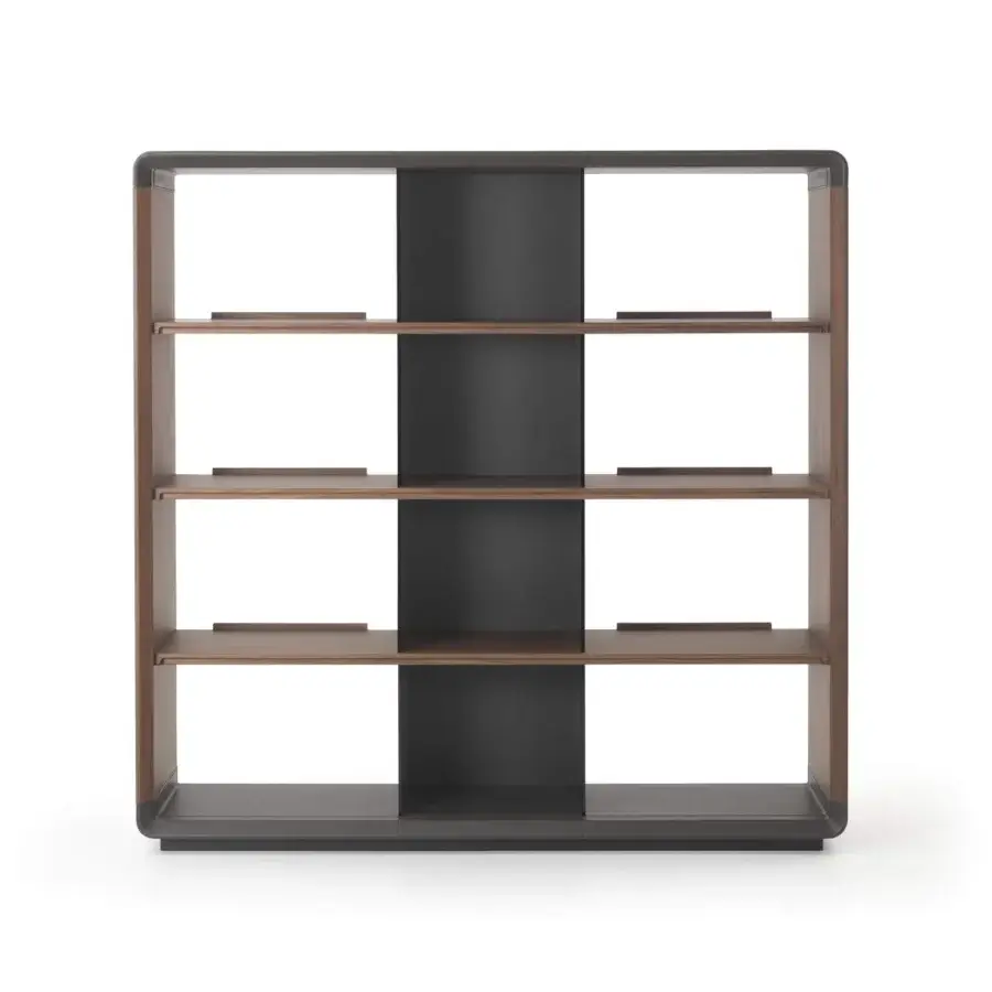 Superior 4 Mariani Herman bookcase with wood veneer shelving and dark leather central panel in wax finish