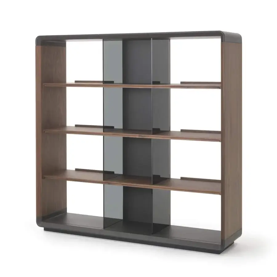 Elegant 4 Mariani Herman bookcase with wood veneer shelving, smoked glass partitions and wax effect finish