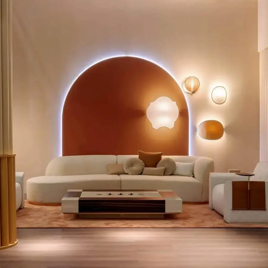 Superior Vismara Bolla sofa with comfortable enveloping seat, curved design and textured light beige fabric upholstery