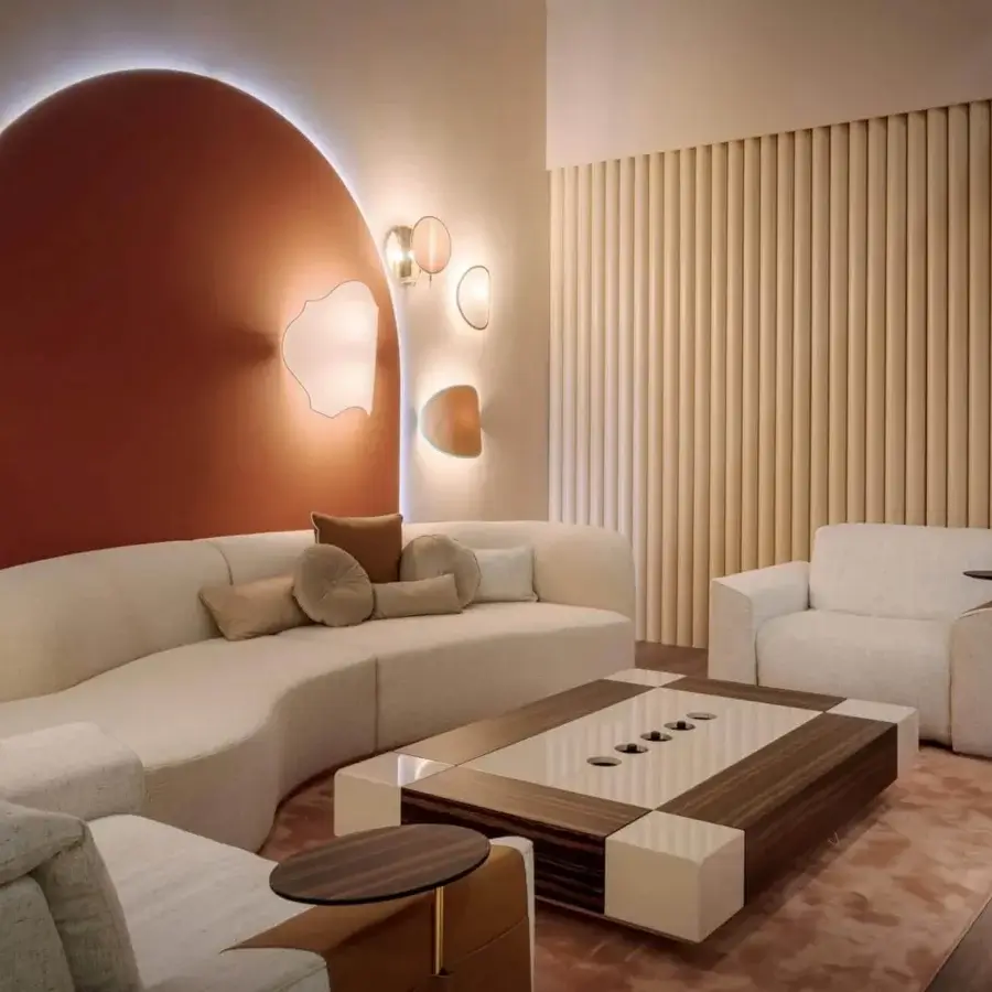Captivating Vismara Bolla sofa with enveloping seat, sinuous curved design and textured off-white textile upholstery with matte finish