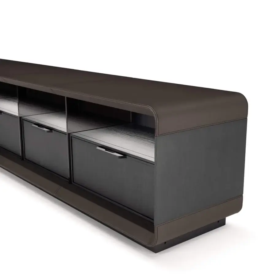 Exceptional 4 Mariani Herman sideboard crafted in saddle leather with dark drawers and metallic handles