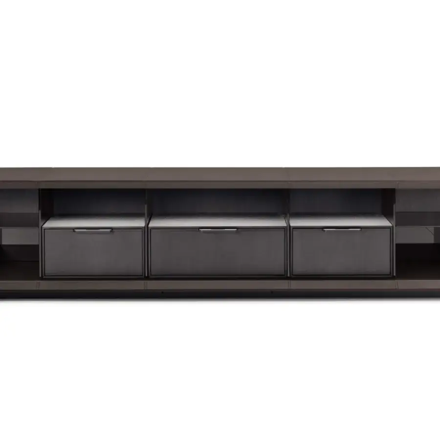 Superior 4 Mariani Herman sideboard crafted in dark brown wood with saddle leather coverings and slim metal handles