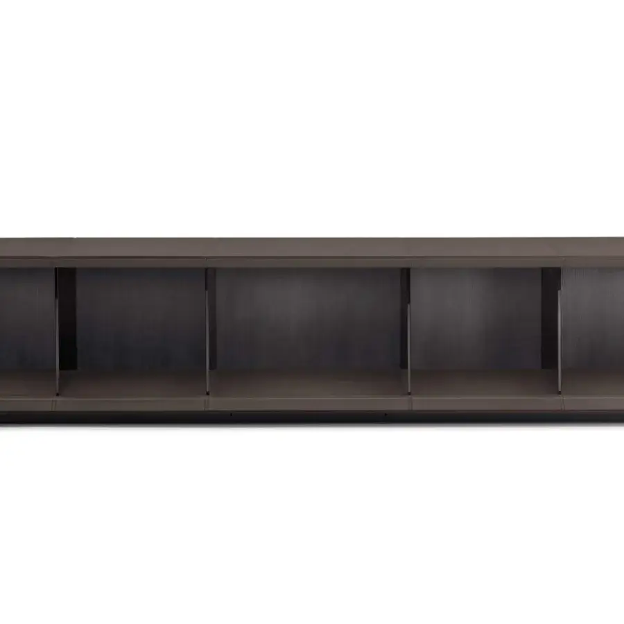 Distinctive 4 Mariani Herman sideboard built in dark brown wood with saddle leather coverings and open compartments