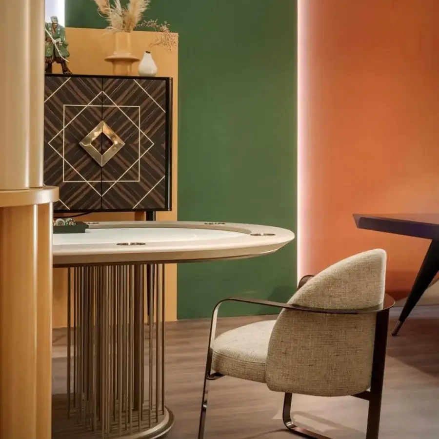 Distinguished Vismara Bell armchair with light beige textured fabric upholstery and dark smooth metal structure