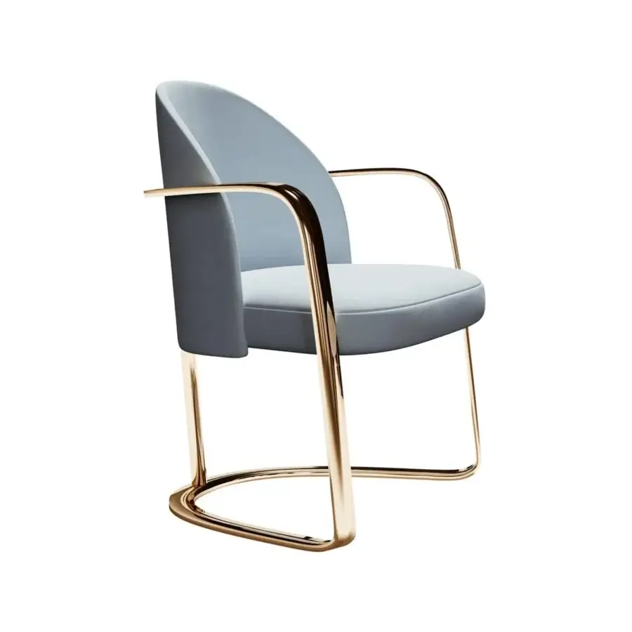 Refined Vismara Bell armchair with comfortable light gray textile upholstery and glossy fumè metal structure