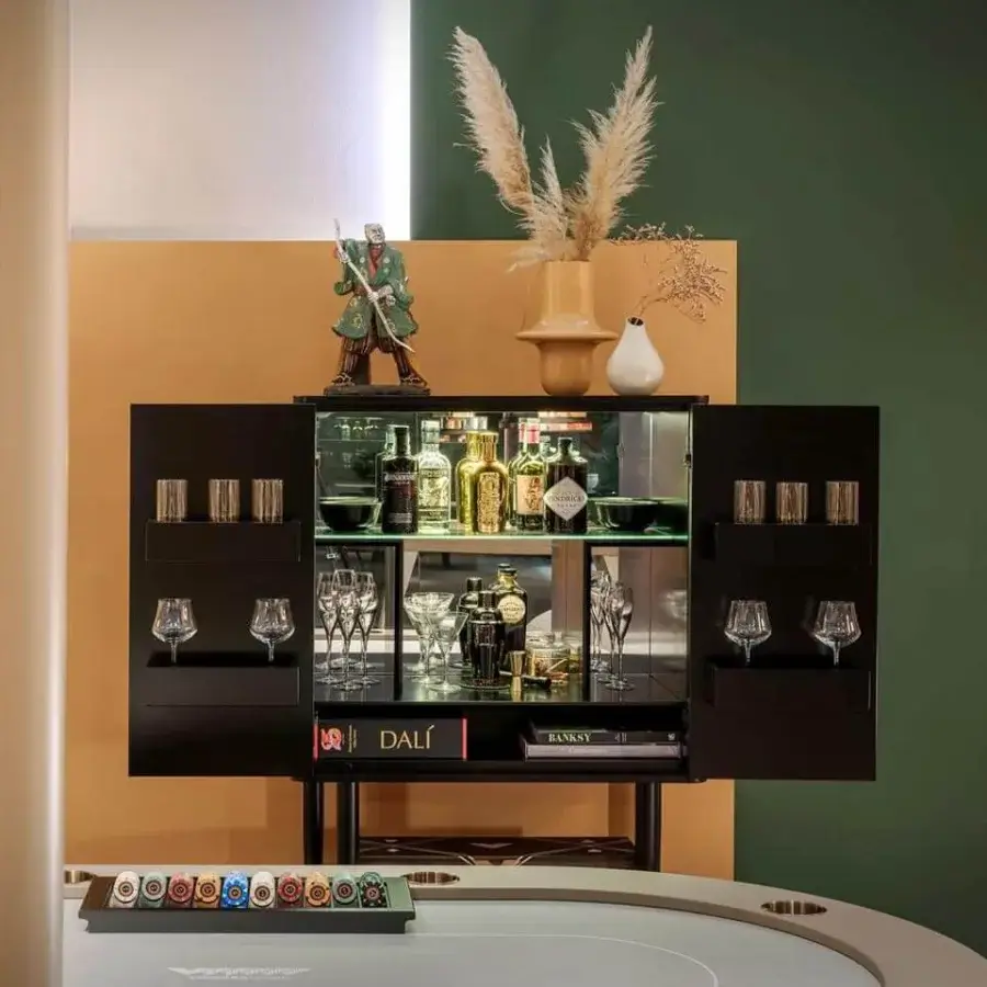 Distinguished Vismara Spirit bar cabinet with black lacquered fiberboard, Ebony Makassar inlaid with maple wood and glossy brass handles