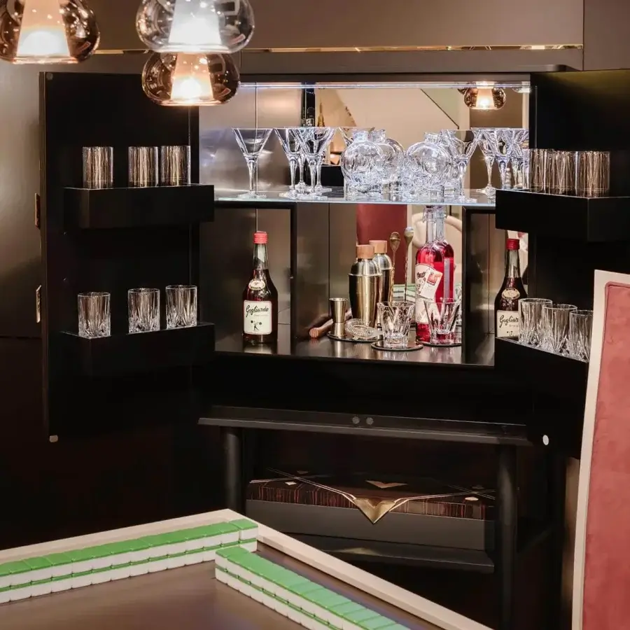 Distinguished Vismara Spirit bar cabinet with glossy brass tips, lacquered Ebony Makassar, and maple wood inlay
