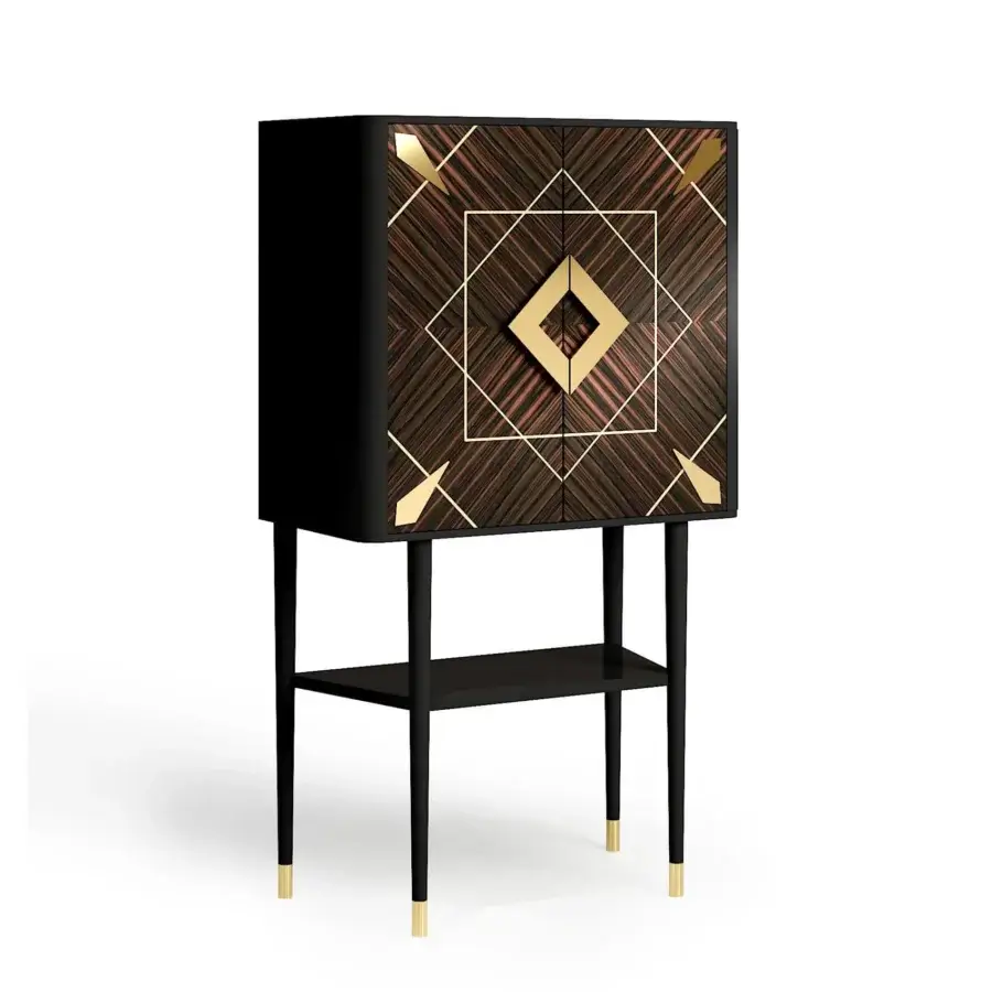 Lavish Vismara Spirit bar cabinet with lacquered fiberboard doors in Ebony Makassar and maple wood inlay