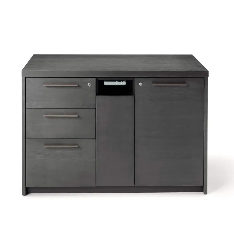Distinguished 4 Mariani Inca lift-top cabinet with veneered wood construction and dark gray finish showcasing visible wood grain