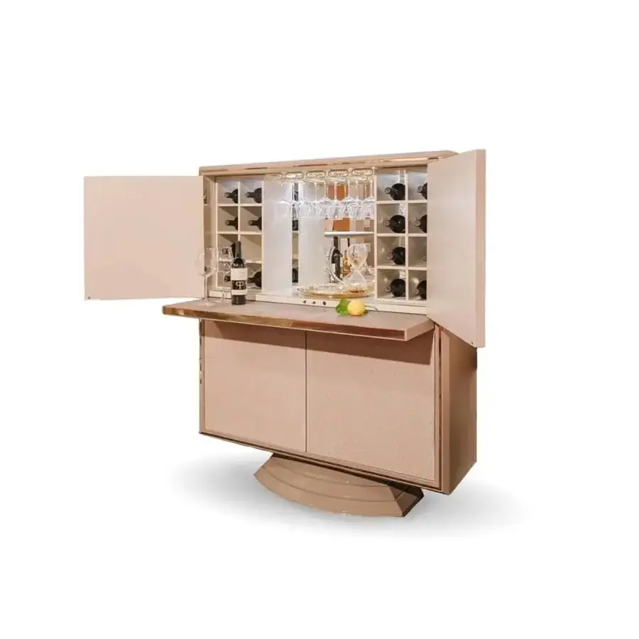 Superior Vismara Modi bar cabinet in light beige lacquered fiberboard with textured Nabuk doors and steel detailing