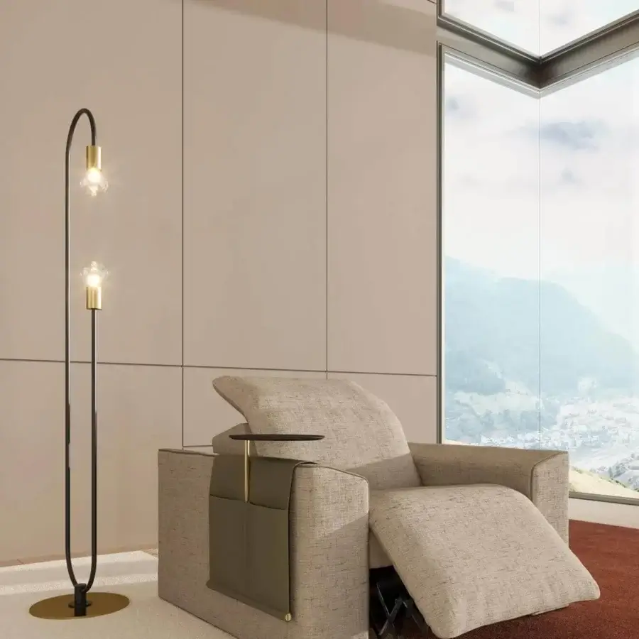Distinguished Vismara Kubrik home cinema lounge chair in light beige woven textile with integrated dark brown side table