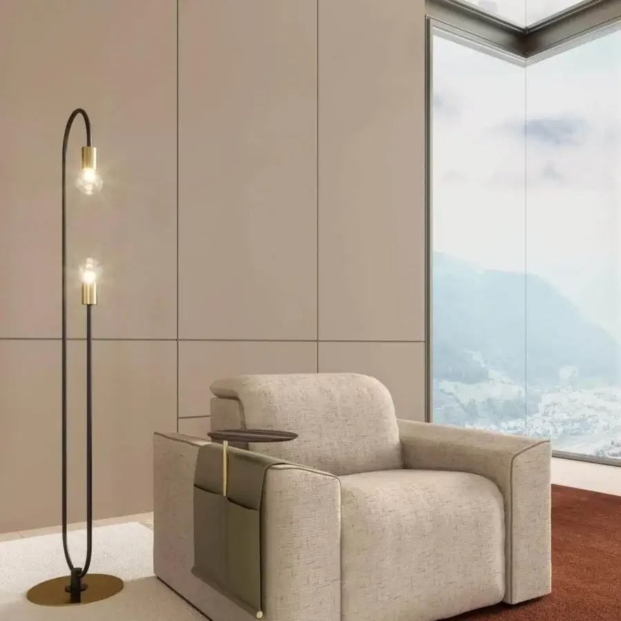 Innovative Vismara Kubrik home cinema lounge chair in light beige woven textile with brass-colored hardware