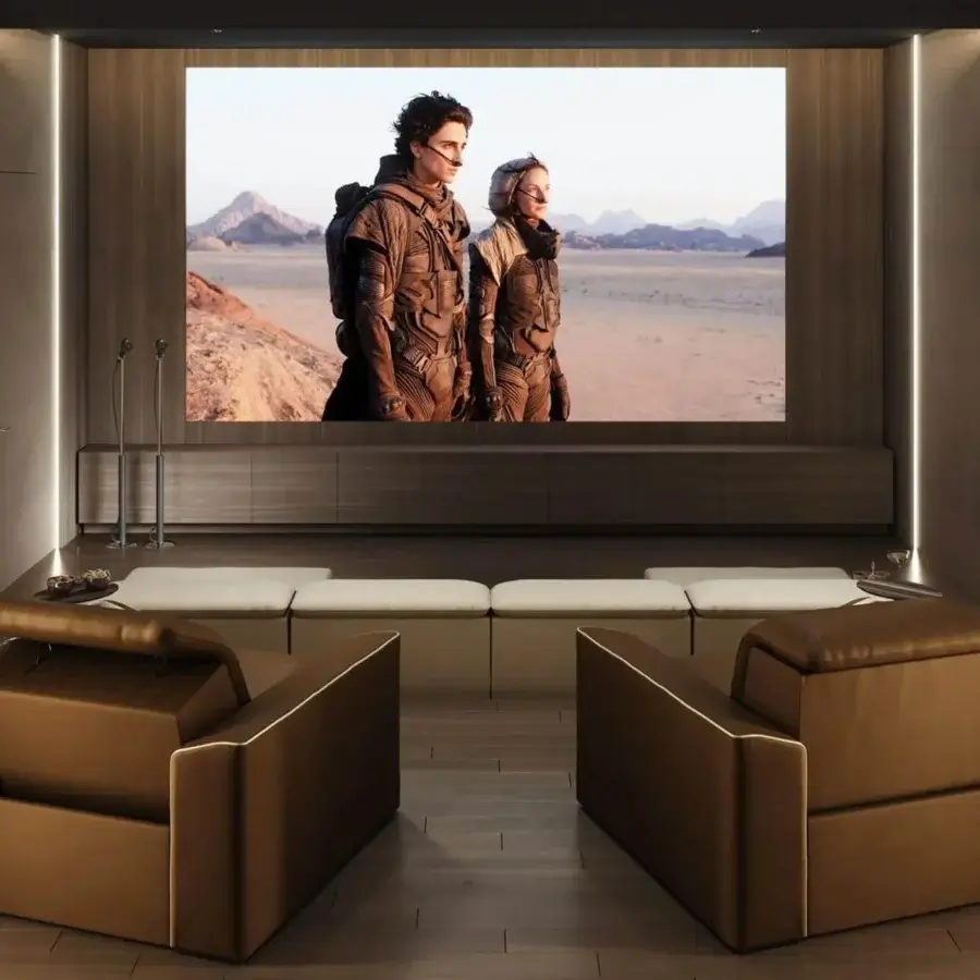 Exceptional Vismara Kubrik home cinema lounge chair with smooth brown leather-like textile and squared armrests built in Italy