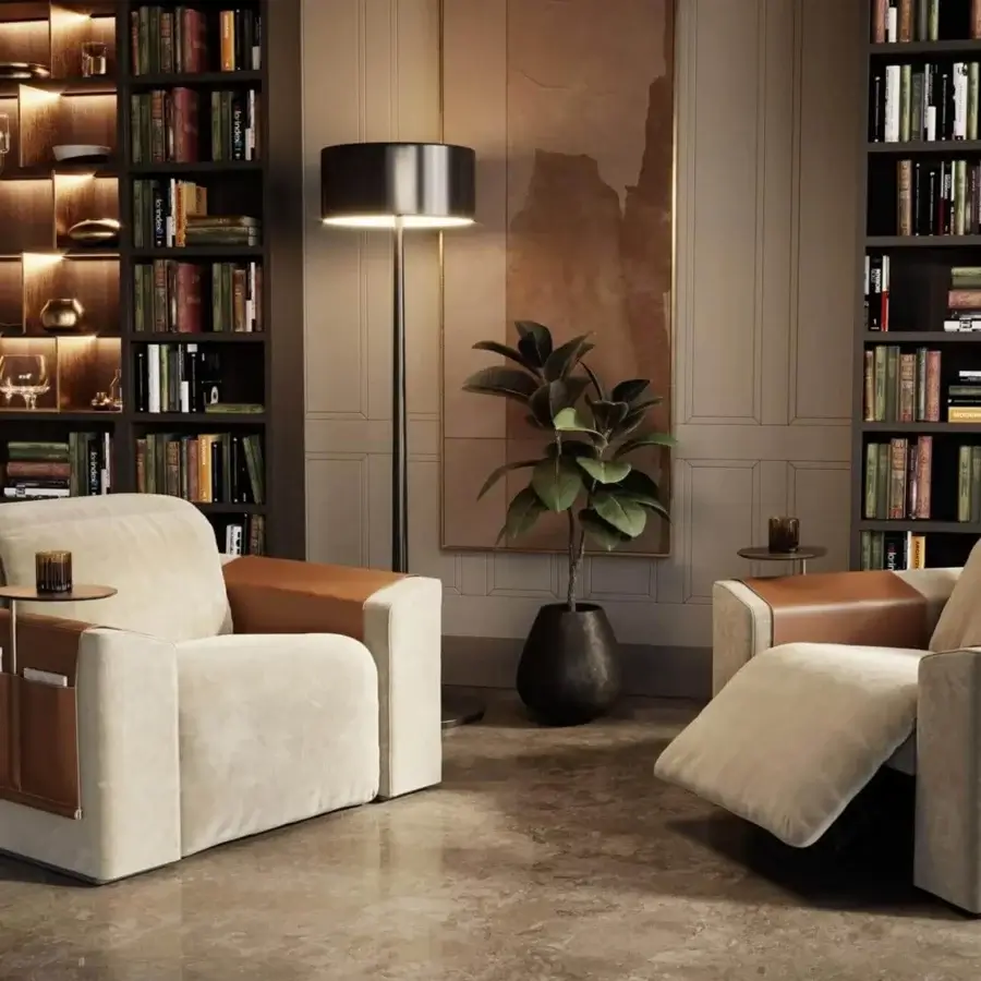 Superior Vismara Kubrik home cinema lounge chair with light beige textile and brown leather accents built with a double reclining mechanism