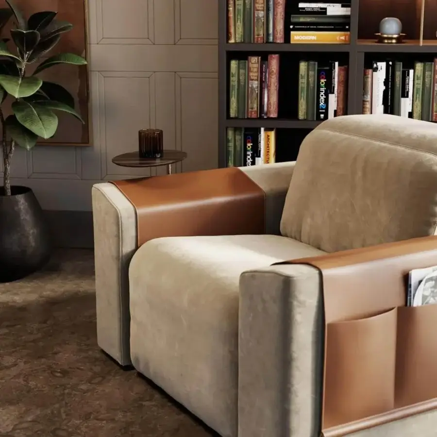 Distinguished Vismara Kubrik home cinema lounge chair crafted in light beige textile with smooth brown leather accents