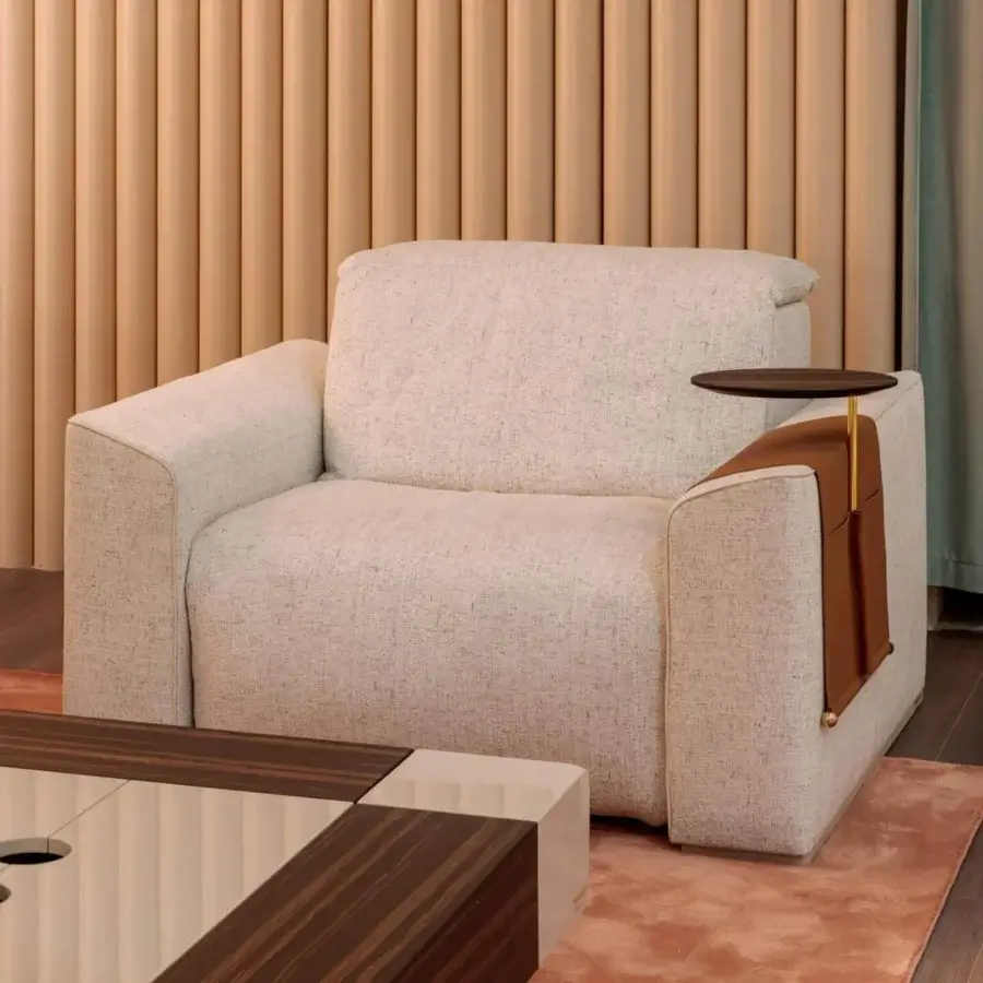 Exceptional Vismara Kubrik lounge chair in light beige textile with a textured matte finish and dark wood side table