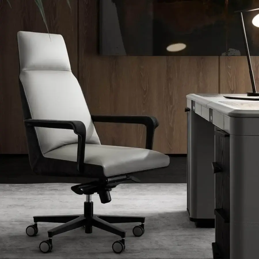 Distinguished 4 Mariani Flora armchair upholstered in light gray leather with a swivel base and adjustable mechanism crafted in Italy