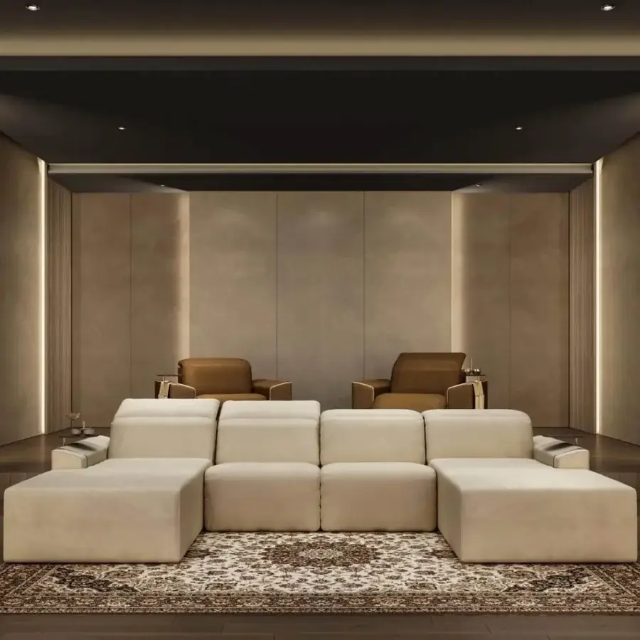 Exceptional Vismara Kubrik home cinema seating crafted in light beige textile with a double reclining mechanism and built-in side tables