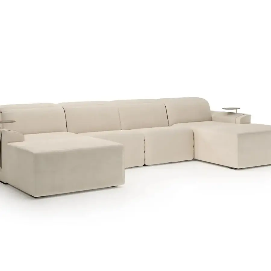 Sophisticated Vismara Kubrik home cinema seating built in cream textile with a matte finish and integrated metallic side tables