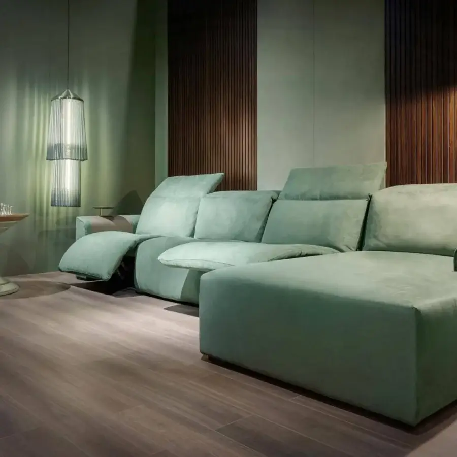 Distinguished Vismara Kubrik home cinema seating built in contemporary light green textile with matte finish