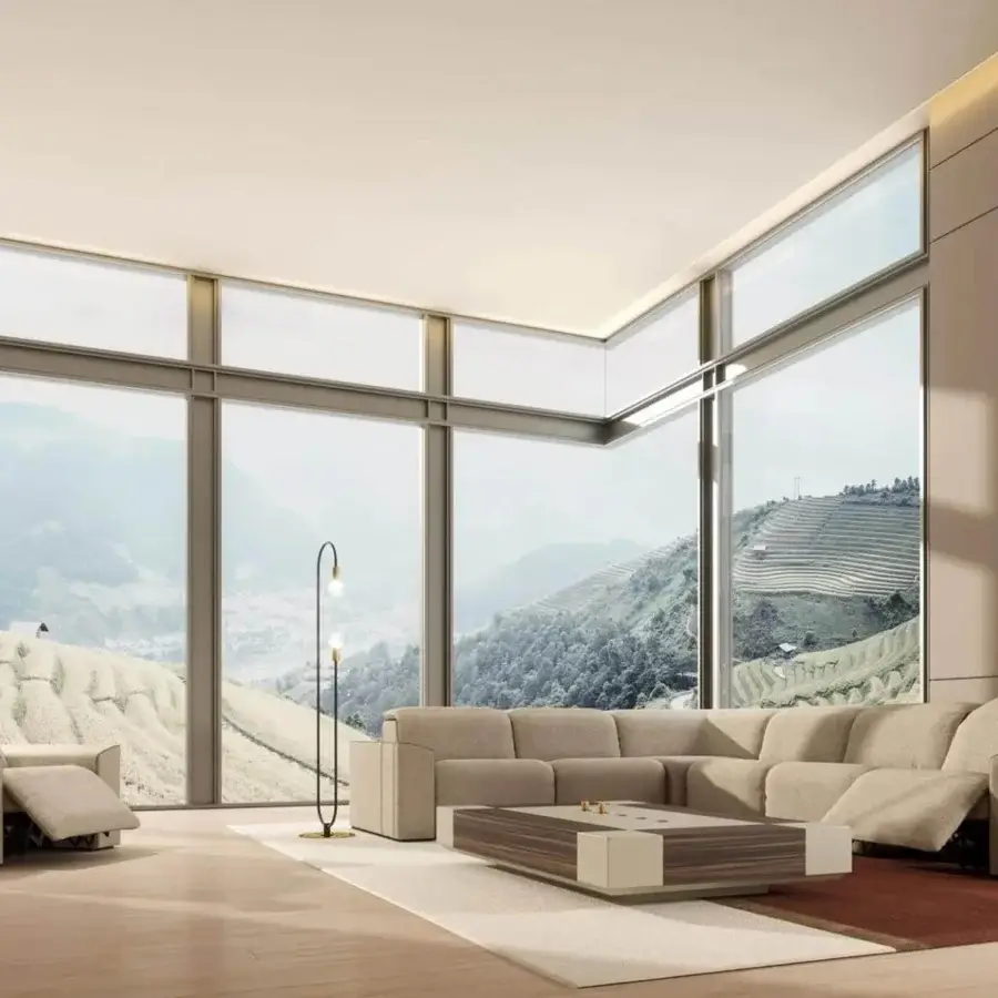 Elegant Vismara Kubrik sectional with double reclining mechanism built in light beige woven textile