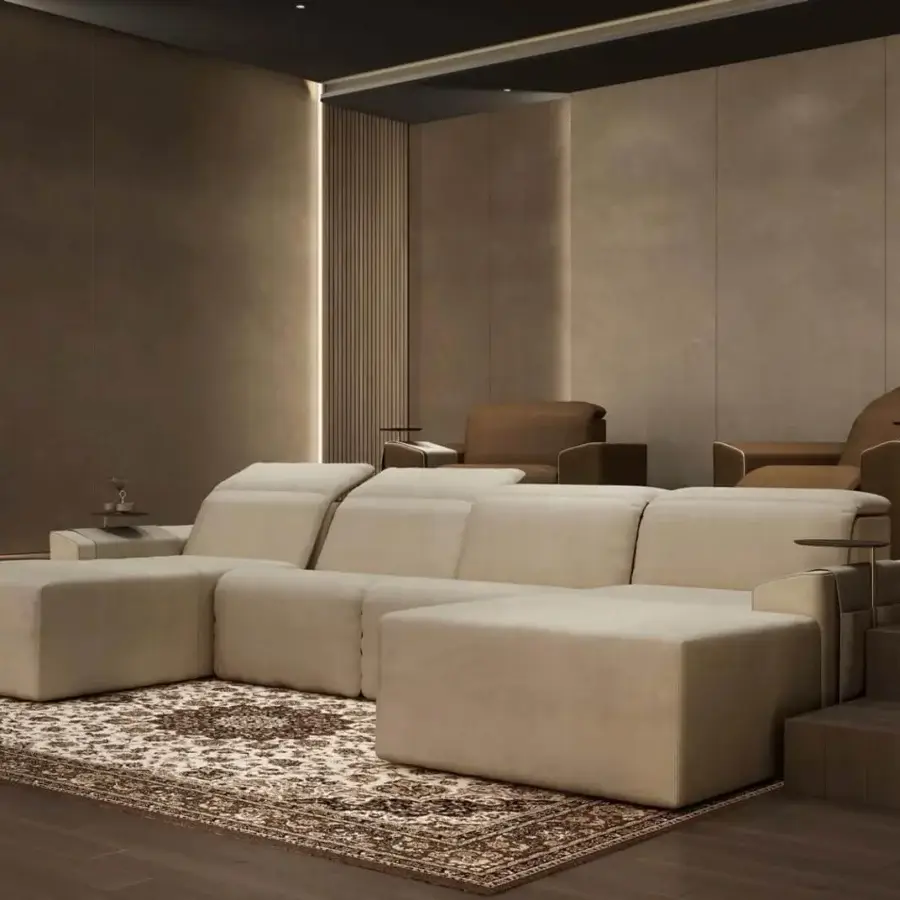 Distinguished Vismara Kubrik sectional crafted in light beige textile with a matte finish for sophisticated seating