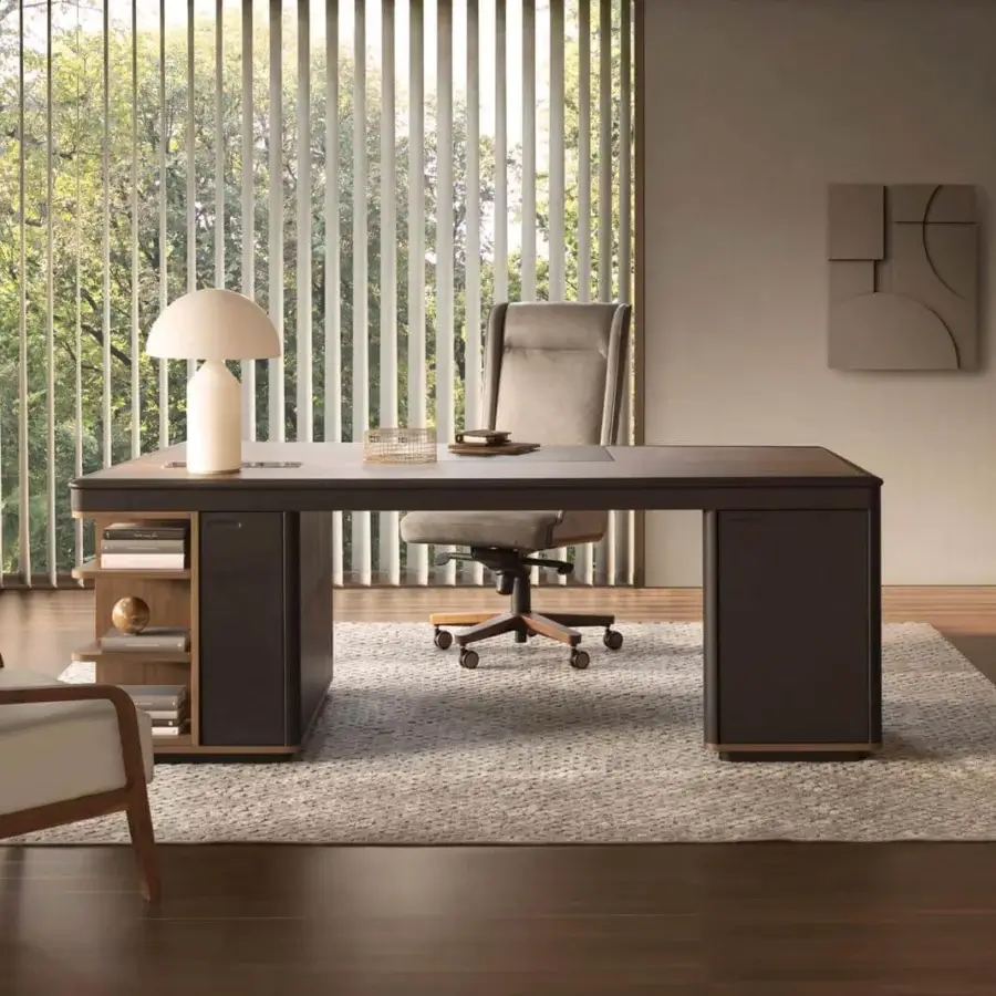 Refined 4 Mariani Noah desk with dark brown wood veneer and saddle leather, built with black walnut drawers and a gold accent